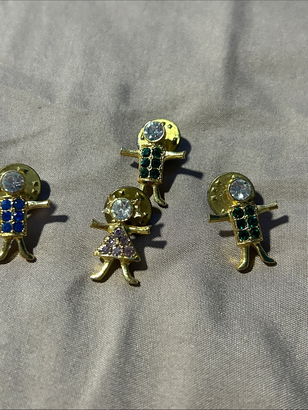 Vintage Gold-tone Children Brooch Set with Blue, Green and Pink Rhinestones